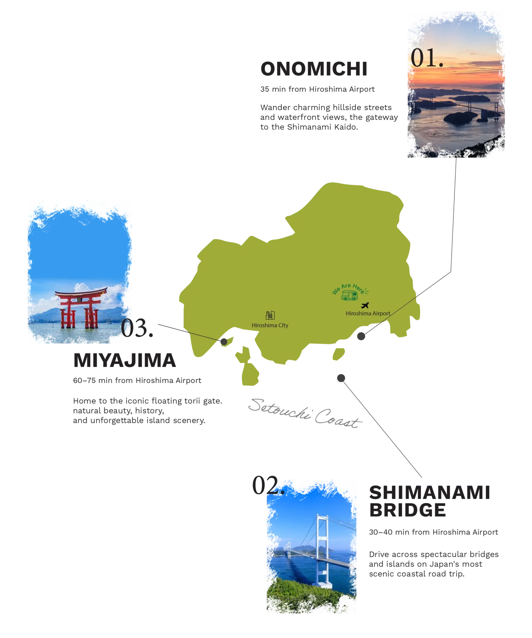 Map of campervan road trip routes from Hiroshima Airport across the Seto Inland Sea